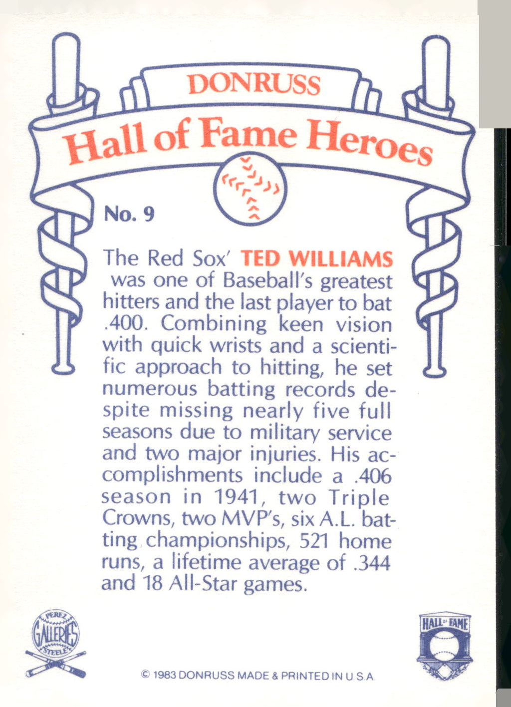 1983 Donruss Hall of Fame Heroes #9 Ted Williams