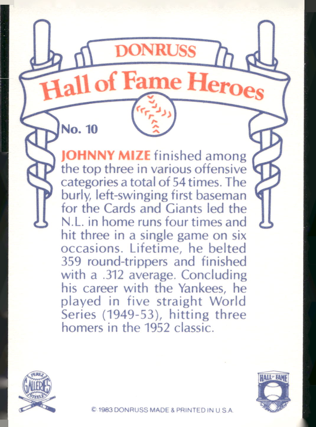 1983 Donruss Hall of Fame Heroes #10 Johnny Mize