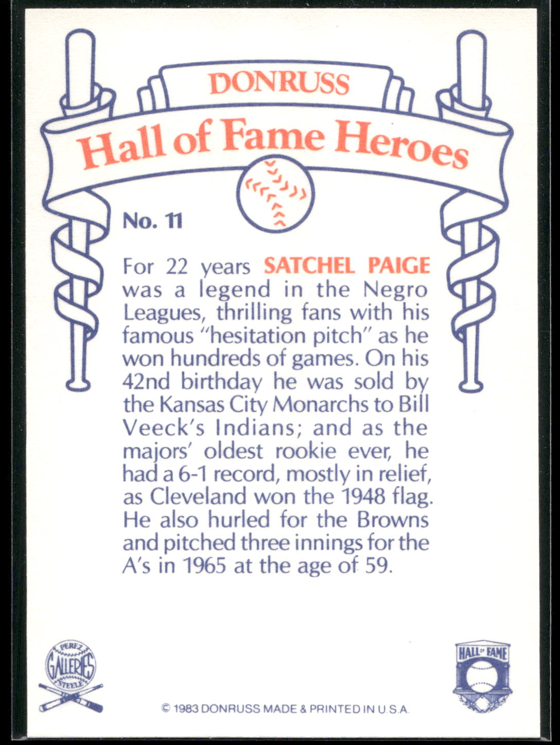 1983 Donruss Hall of Fame Heroes #11 Satchel Paige
