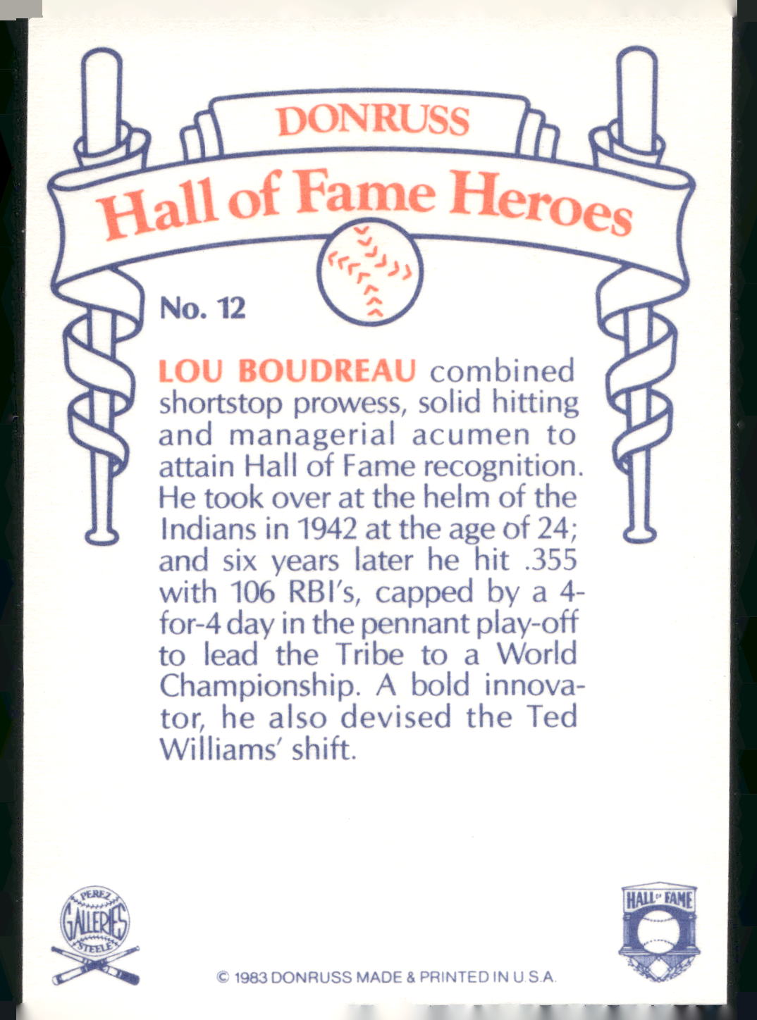 1983 Donruss Hall of Fame Heroes #12 Lou Boudreau