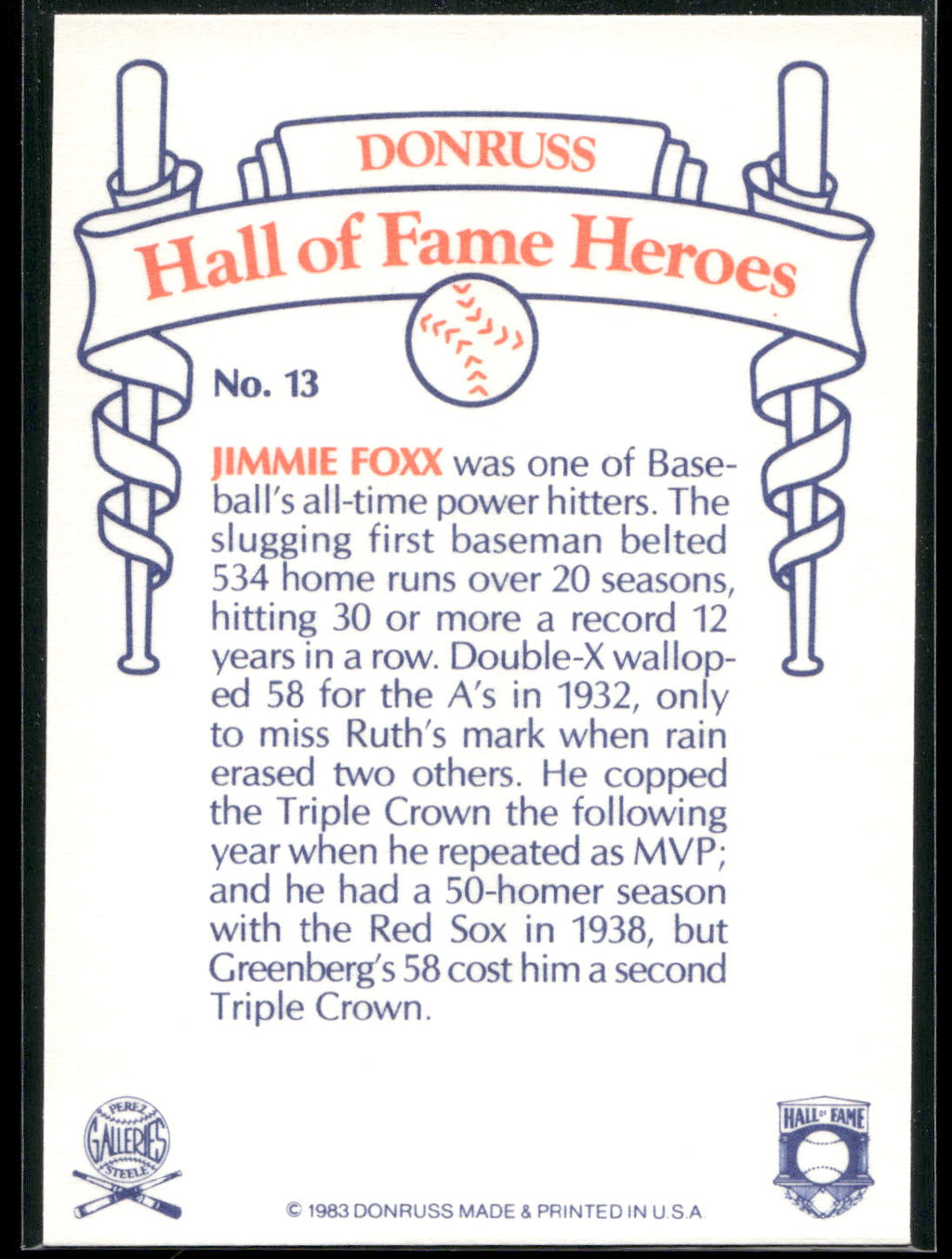 1983 Donruss Hall of Fame Heroes #13 Jimmie Foxx