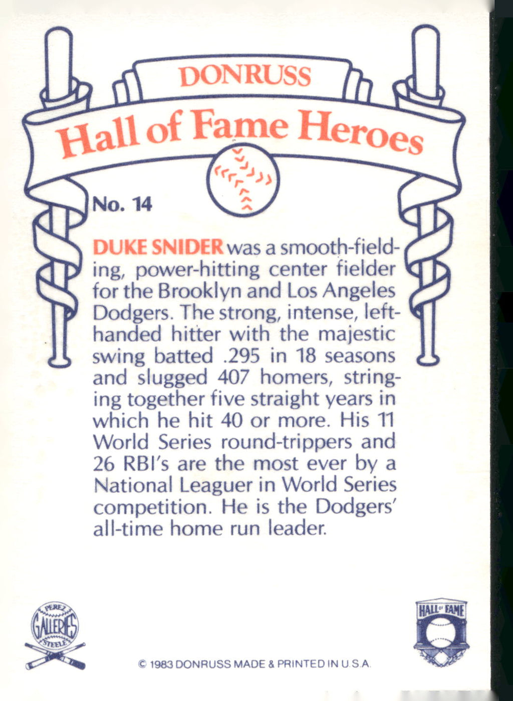 1983 Donruss Hall of Fame Heroes #14 Duke Snider