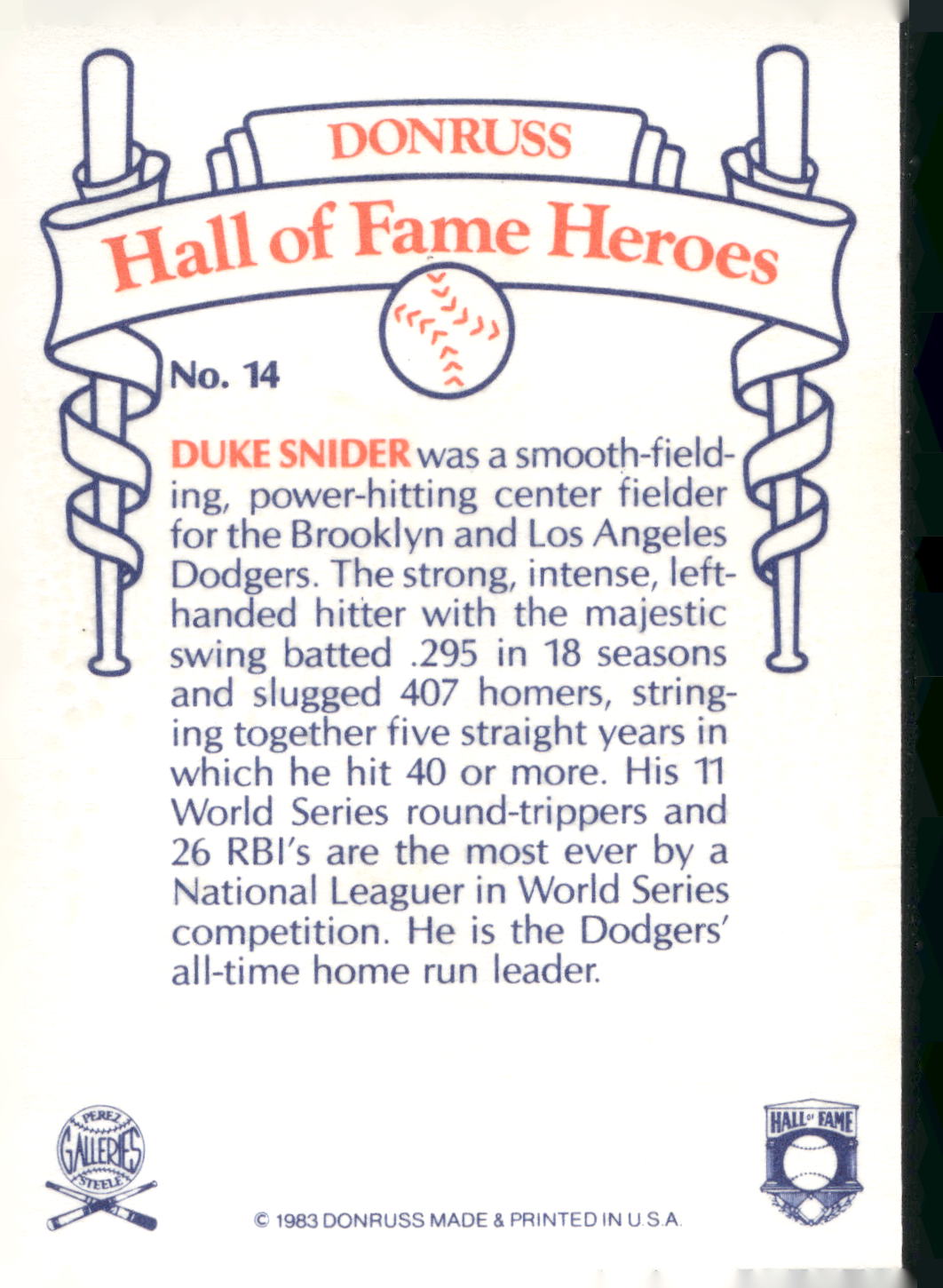1983 Donruss Hall of Fame Heroes #14 Duke Snider