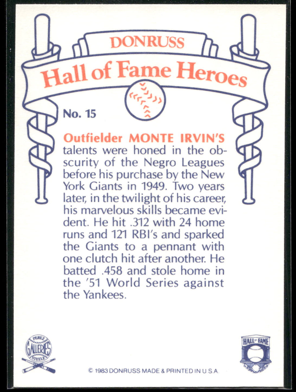 1983 Donruss Hall of Fame Heroes #15 Monte Irvin