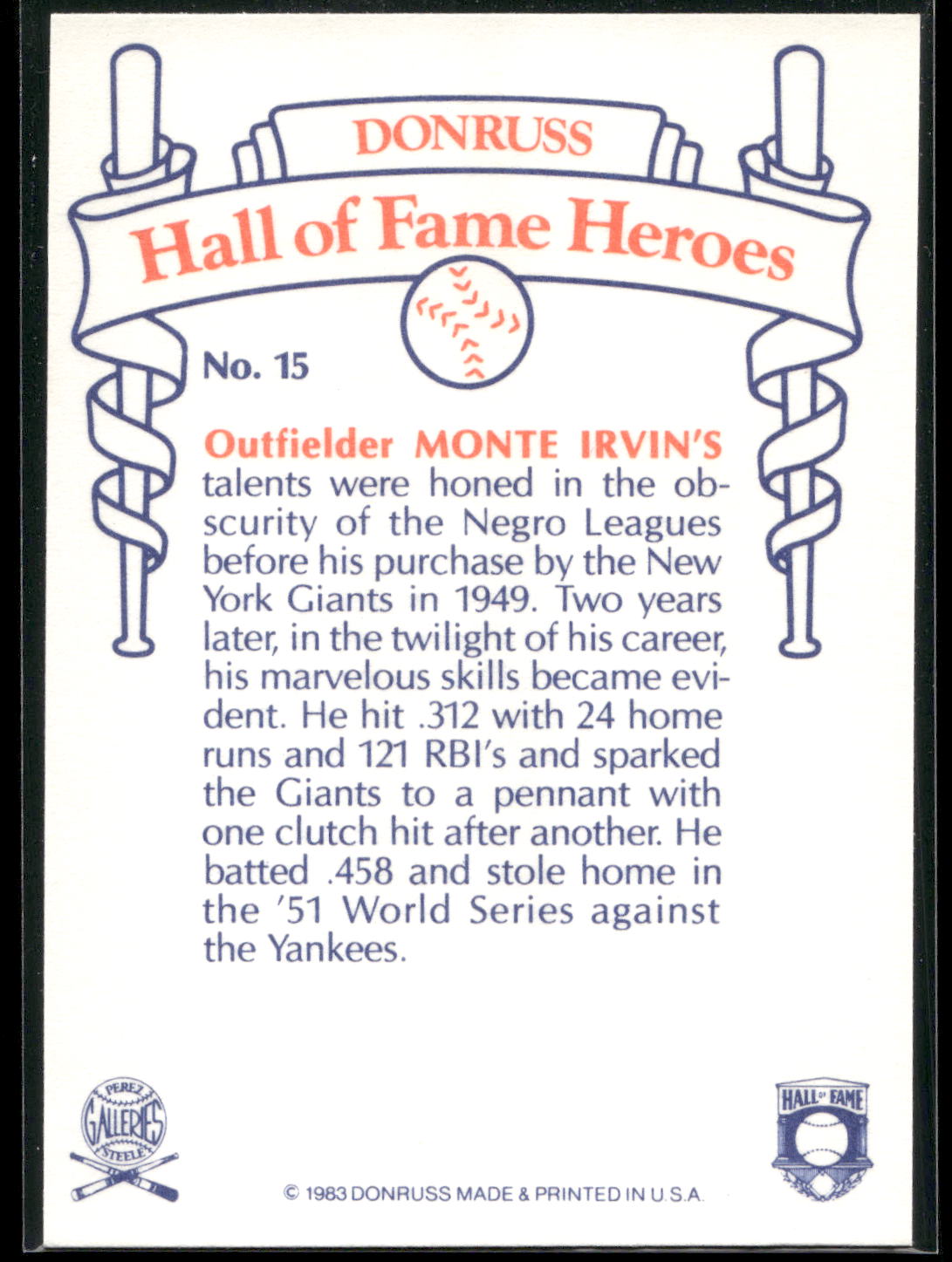 1983 Donruss Hall of Fame Heroes #15 Monte Irvin
