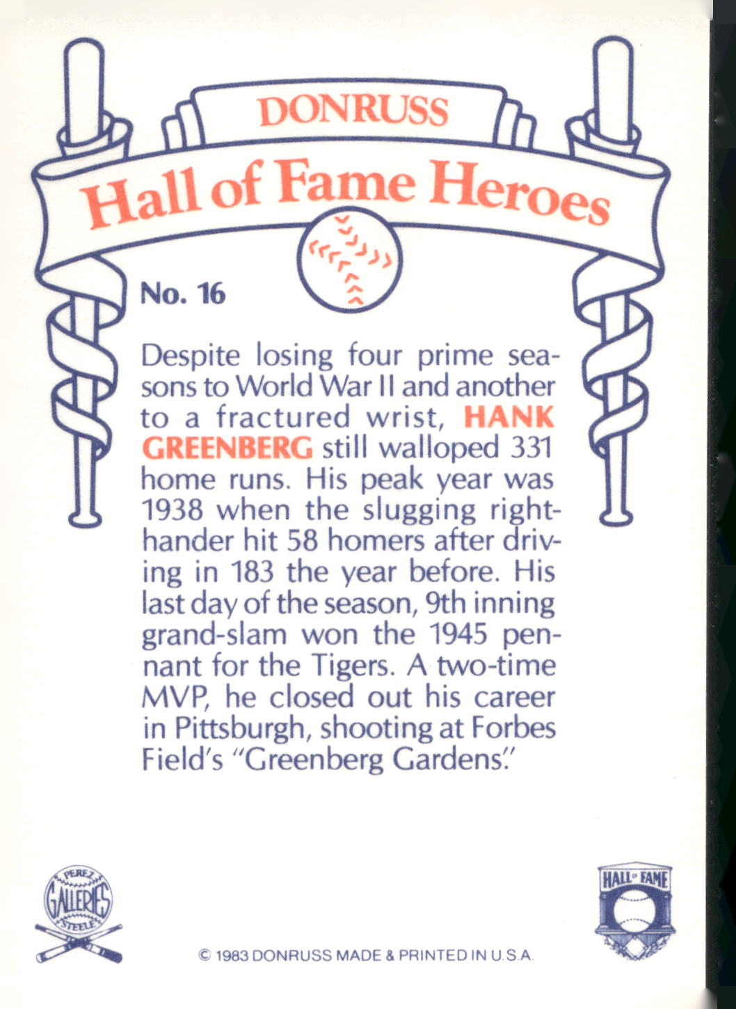 1983 Donruss Hall of Fame Heroes #16 Hank Greenberg