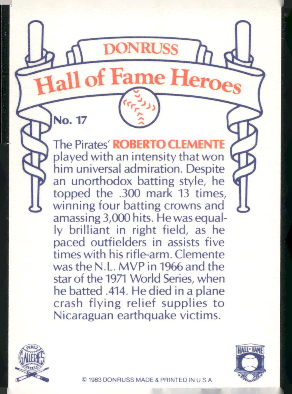 1983 Donruss Hall of Fame Heroes #17 Roberto Clemente