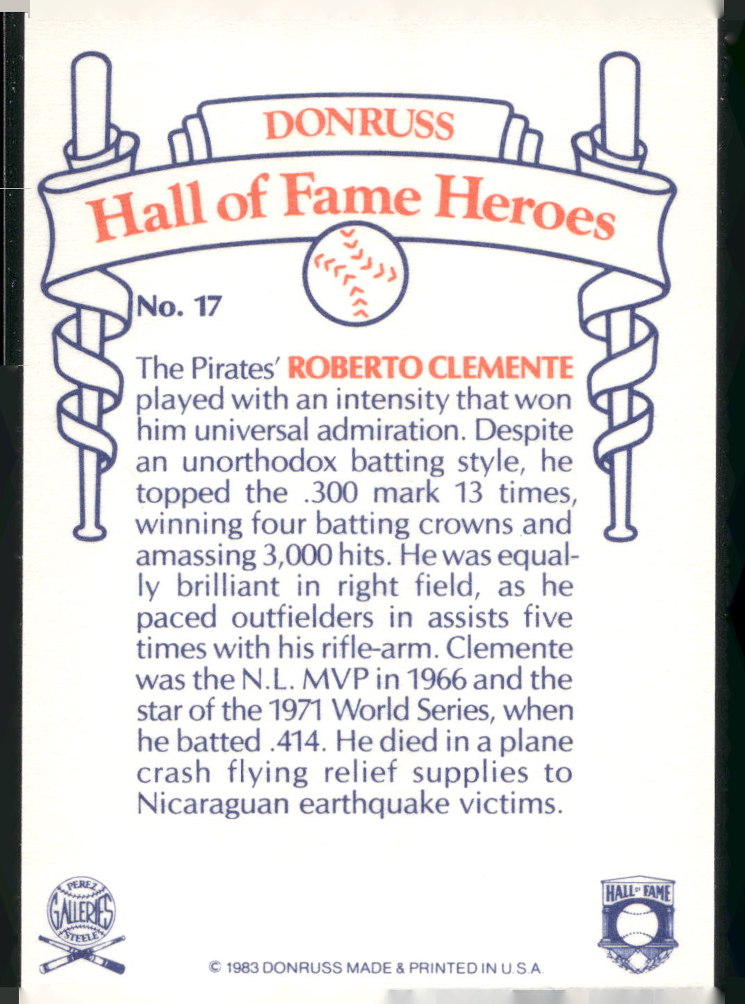 1983 Donruss Hall of Fame Heroes #17 Roberto Clemente