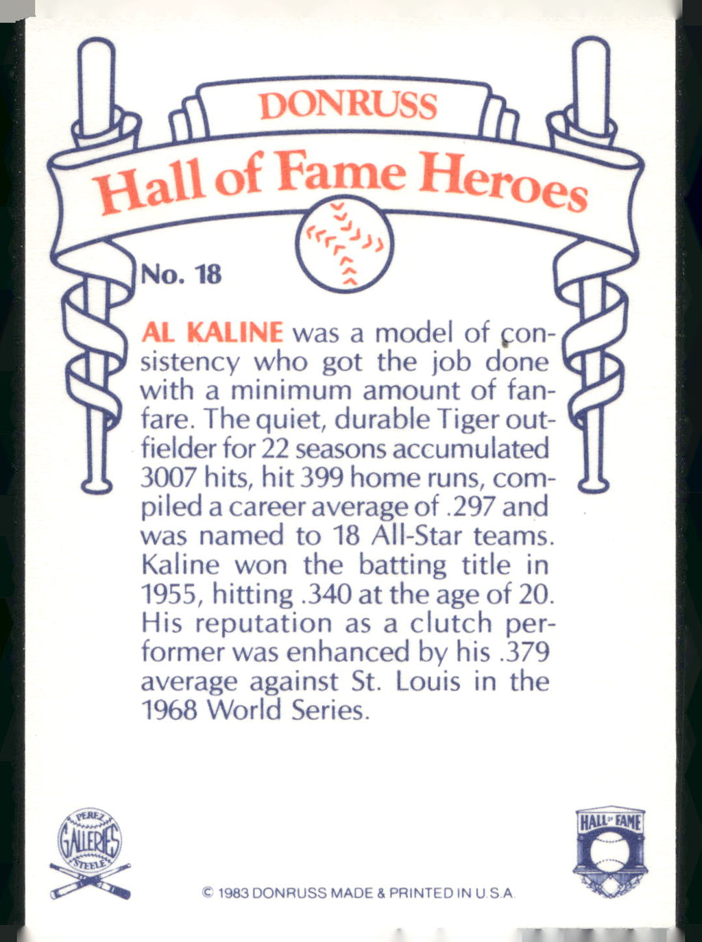 1983 Donruss Hall of Fame Heroes #18 Al Kaline