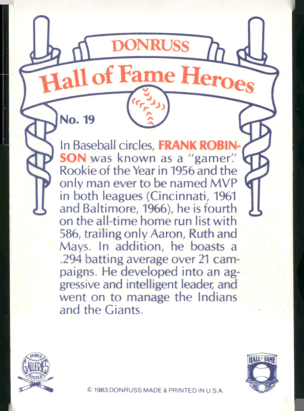 1983 Donruss Hall of Fame Heroes #19 Frank Robinson
