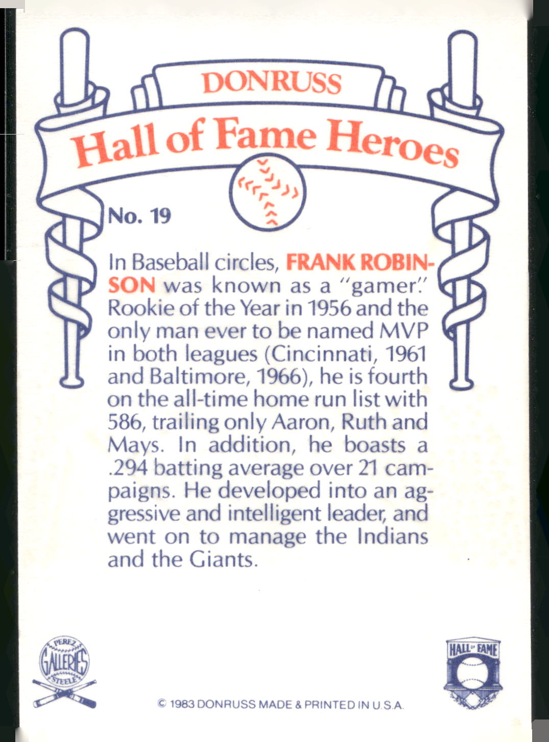 1983 Donruss Hall of Fame Heroes #19 Frank Robinson