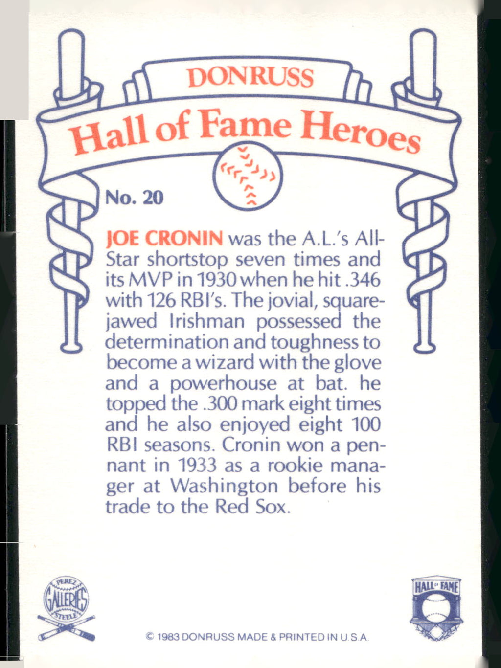 1983 Donruss Hall of Fame Heroes #20 Joe Cronin