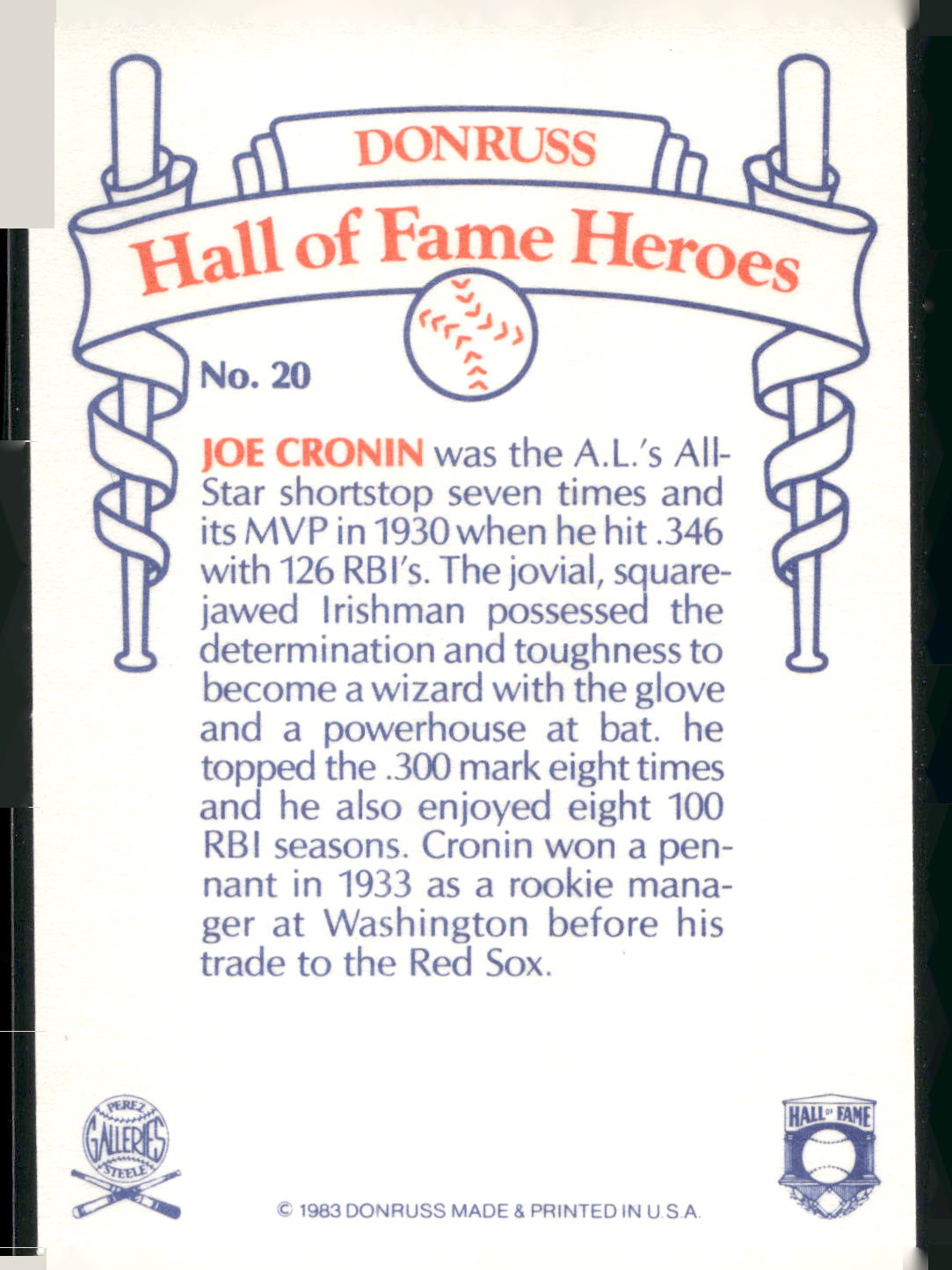 1983 Donruss Hall of Fame Heroes #20 Joe Cronin
