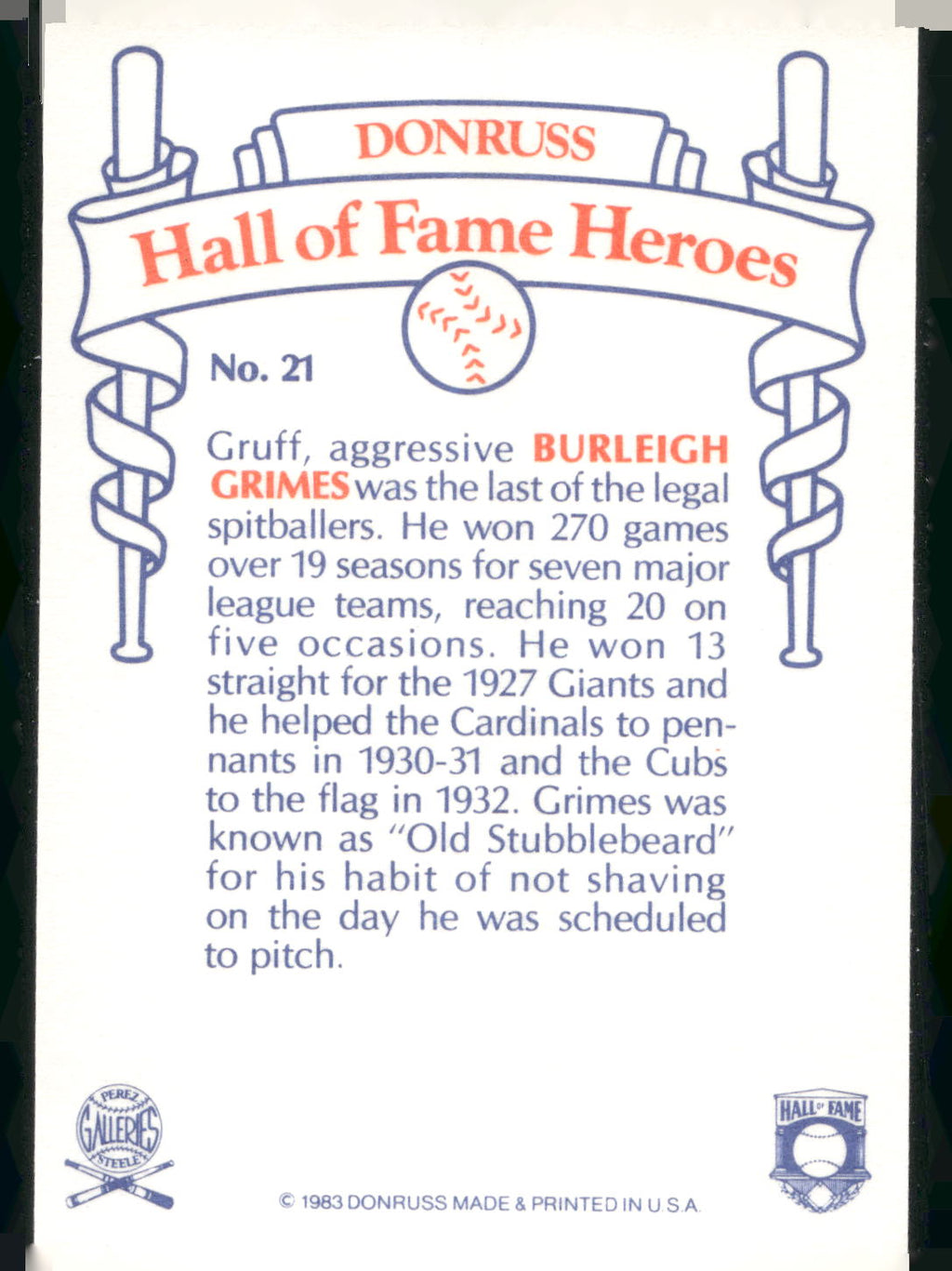 1983 Donruss Hall of Fame Heroes #21 Burleigh Grimes
