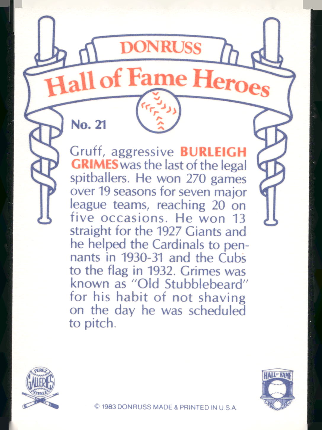 1983 Donruss Hall of Fame Heroes #21 Burleigh Grimes