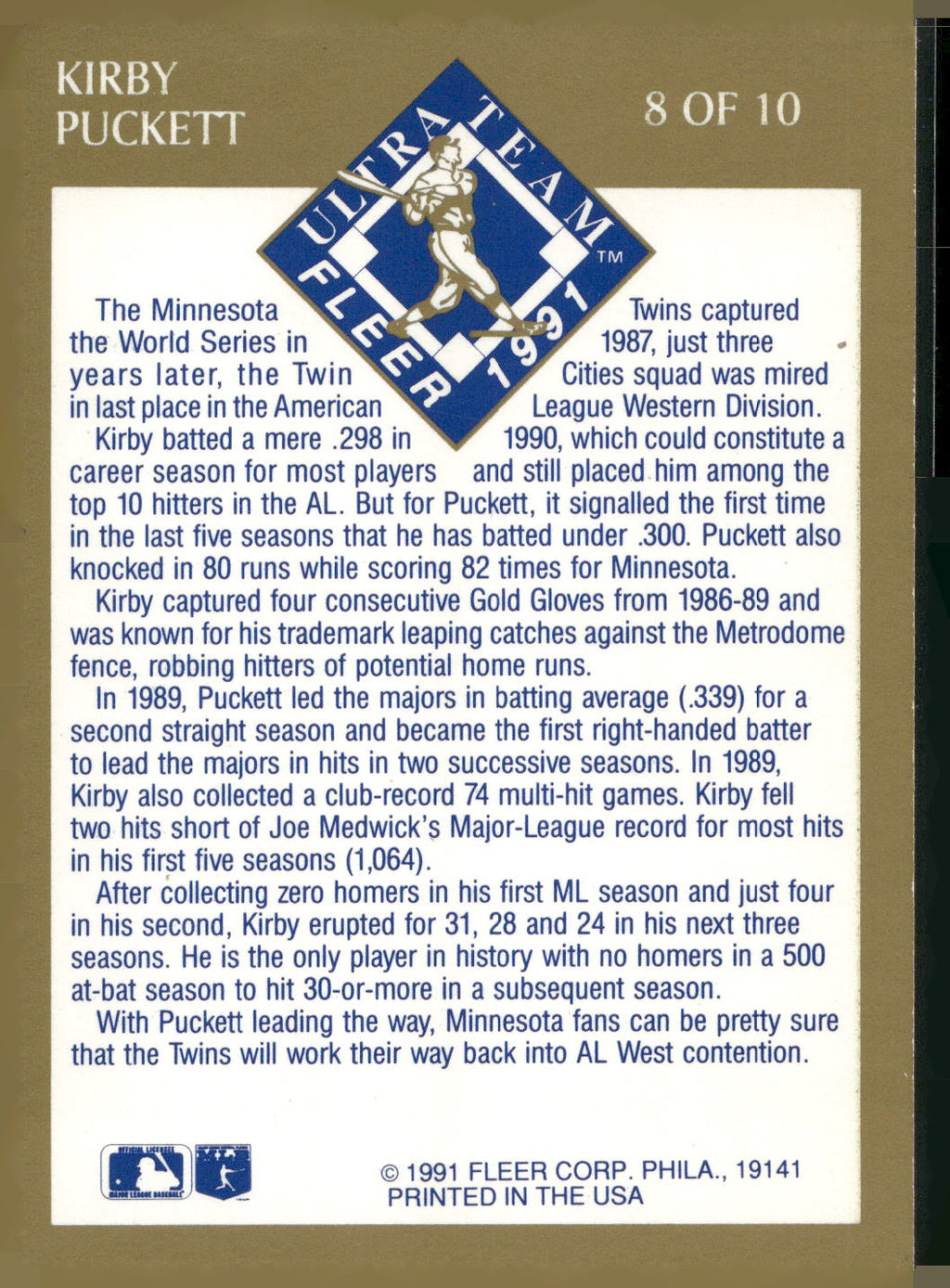 1991 Ultra #8 Kirby Puckett Ultra Team (Ultra Gold)