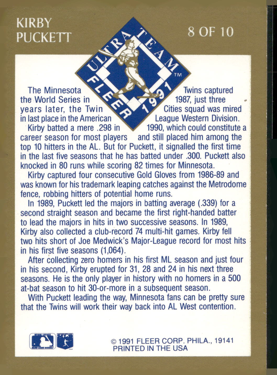 1991 Ultra #8 Kirby Puckett Ultra Team (Ultra Gold)