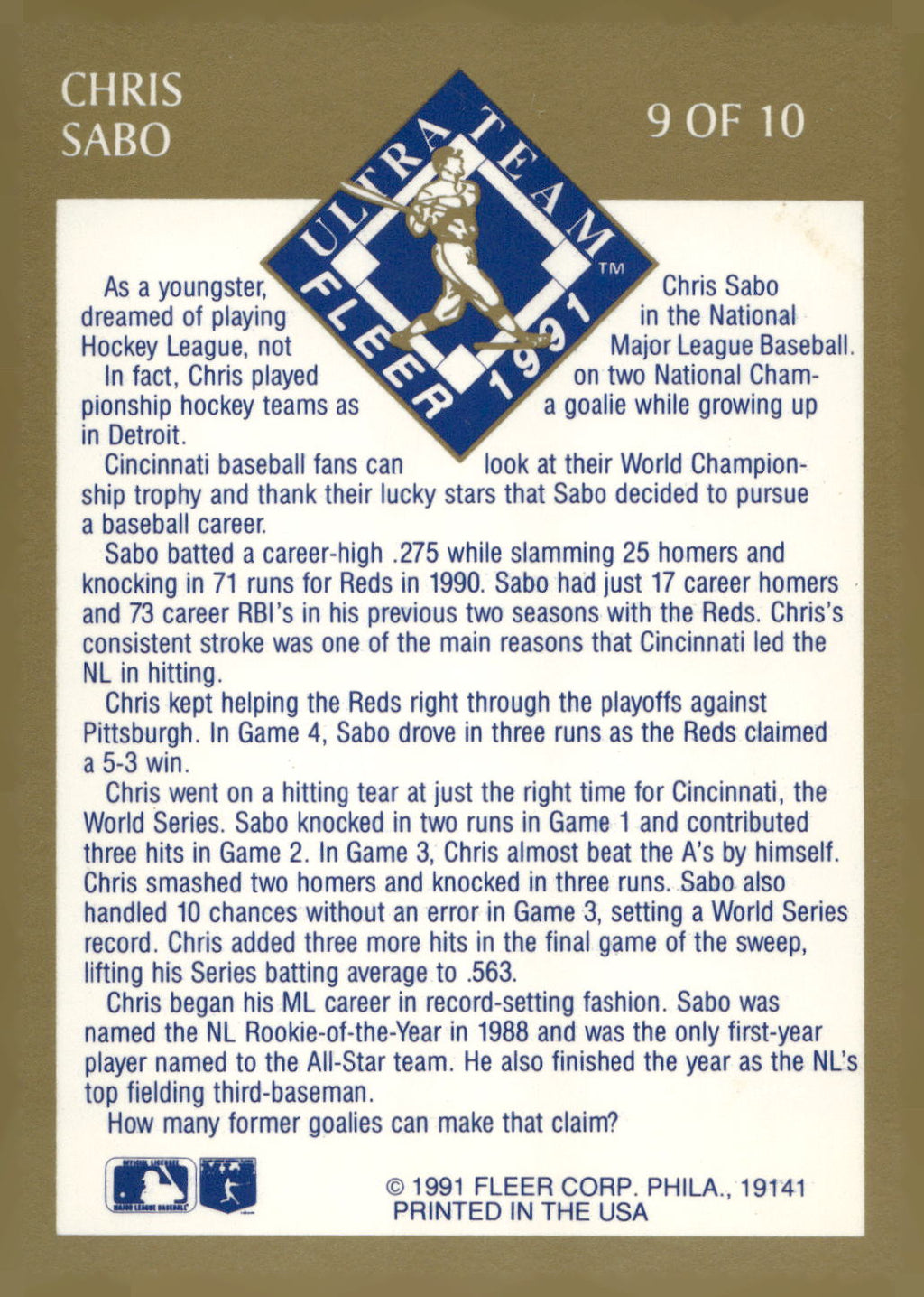 1991 Ultra #9 Chris Sabo Ultra Team (Ultra Gold)