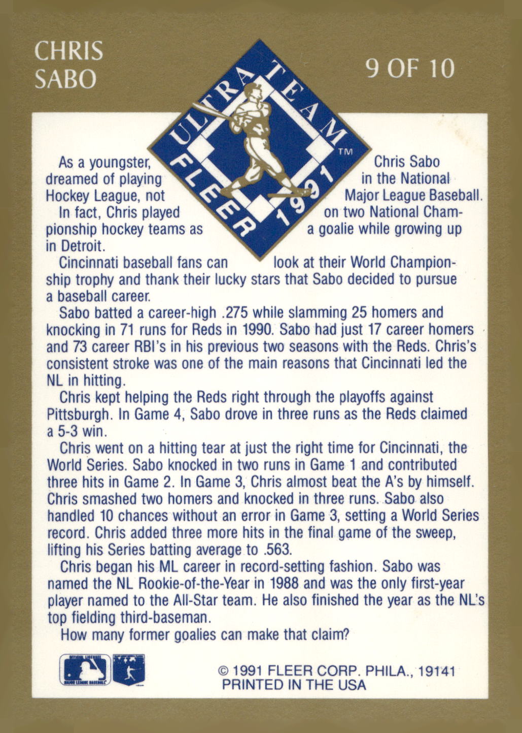 1991 Ultra #9 Chris Sabo Ultra Team (Ultra Gold)