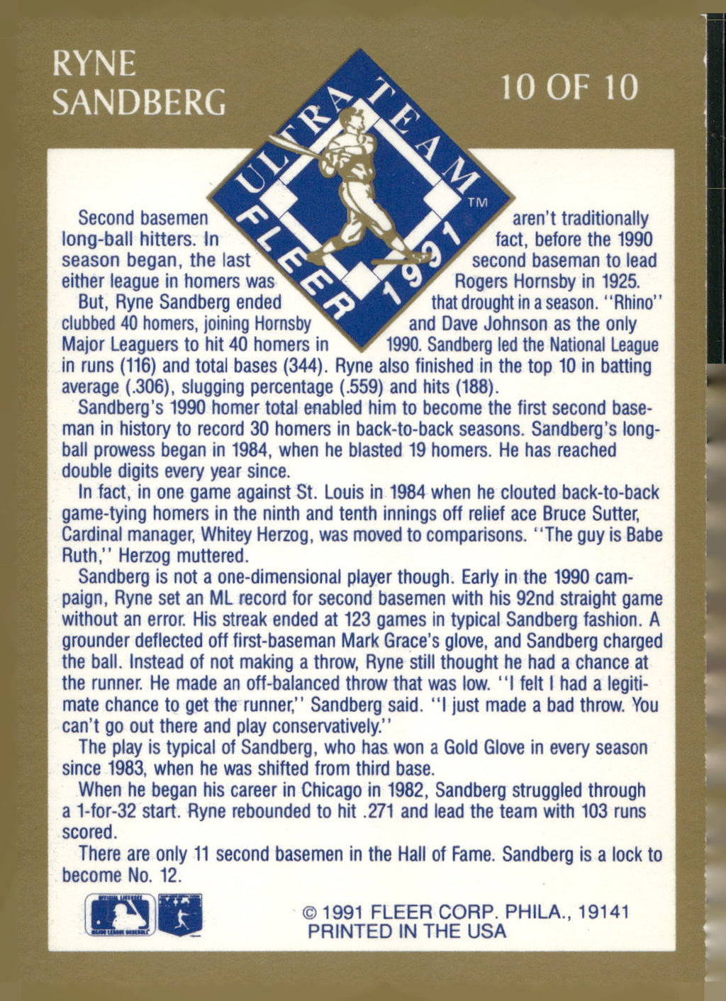 1991 Ultra #10 Ryne Sandberg Ultra Team (Ultra Gold)