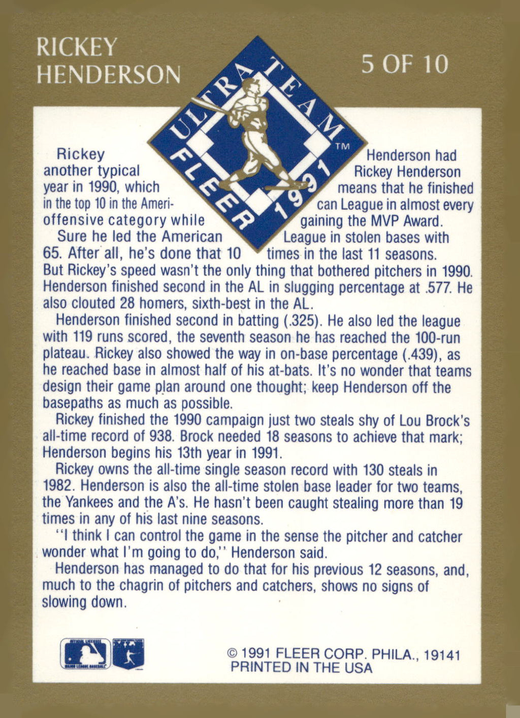 1991 Ultra #5 Rickey Henderson Ultra Team (Ultra Gold)