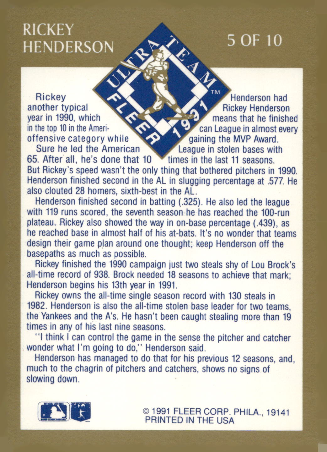 1991 Ultra #5 Rickey Henderson Ultra Team (Ultra Gold)