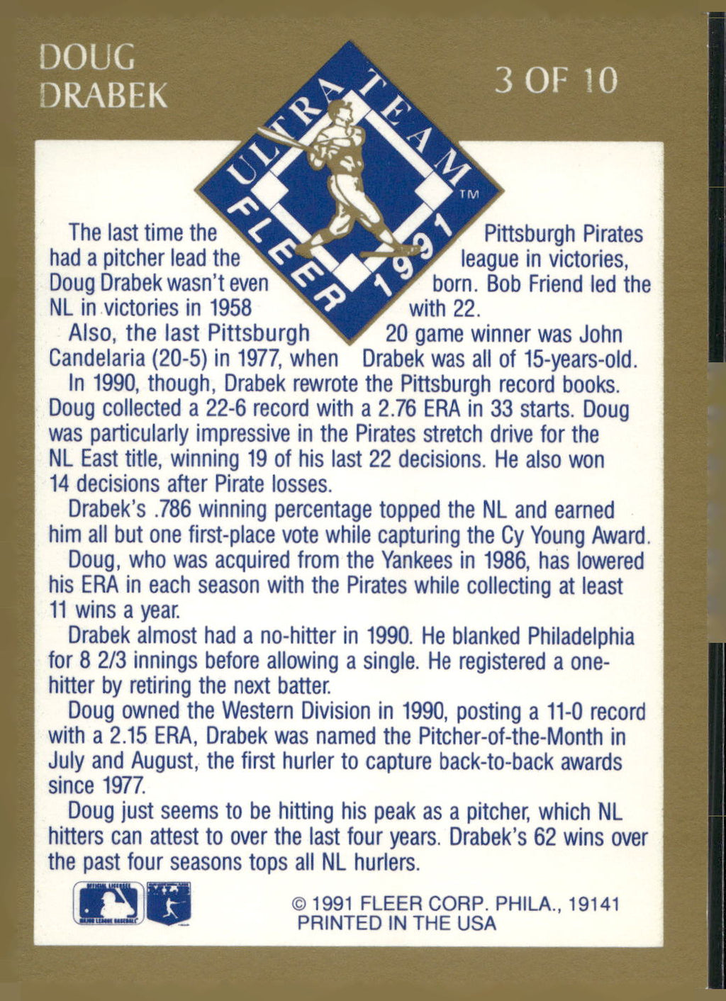 1991 Ultra #3 Doug Drabek Ultra Team (Ultra Gold)