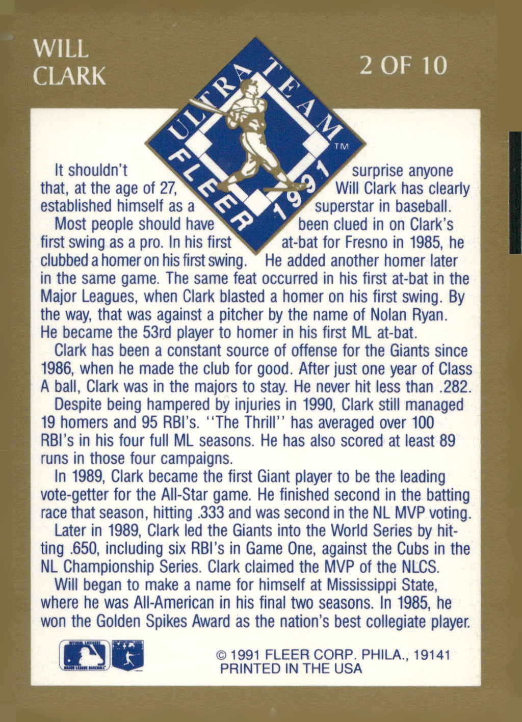 1991 Ultra #2 Will Clark Ultra Team (Ultra Gold)