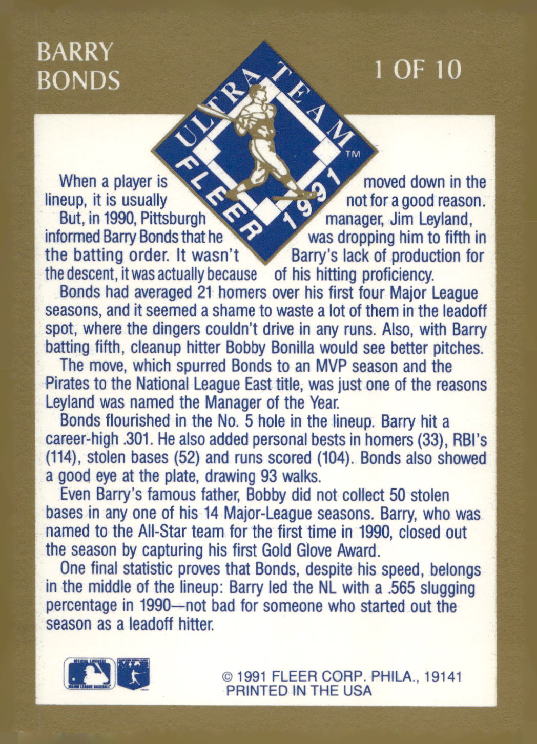 1991 Ultra #1 Barry Bonds Ultra Team (Ultra Gold)