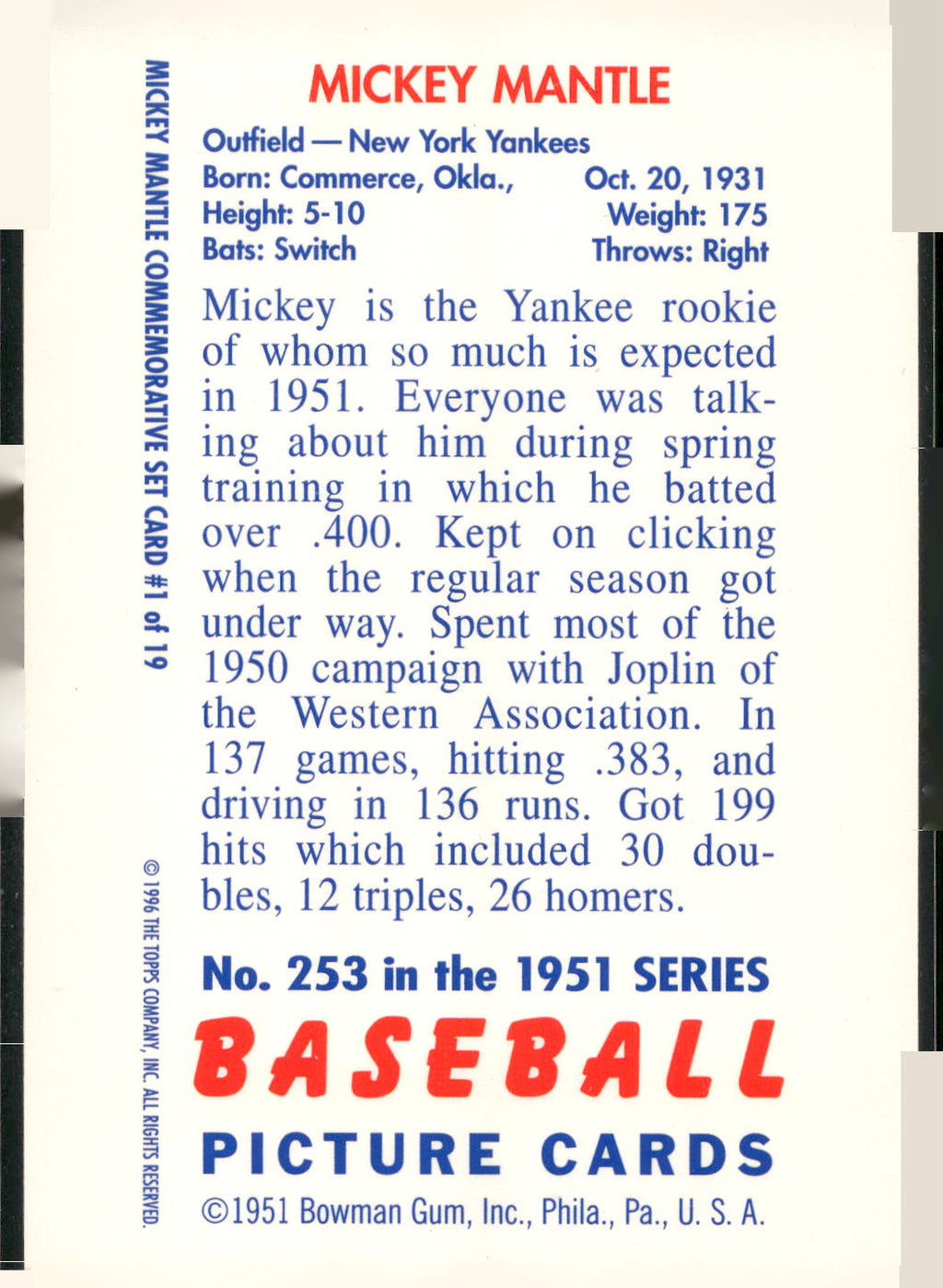 1996 Topps #1 Mickey Mantle Mickey Mantle Commemorative Reprints