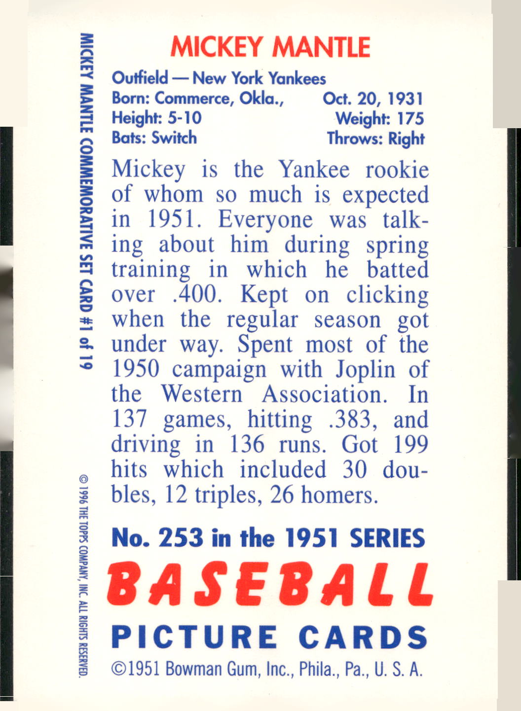 1996 Topps #1 Mickey Mantle Mickey Mantle Commemorative Reprints