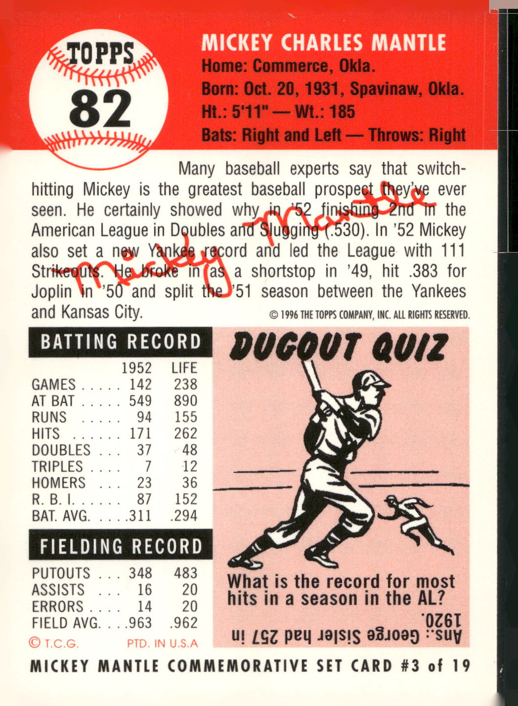 1996 Topps #3 Mickey Mantle Mickey Mantle Commemorative Reprints