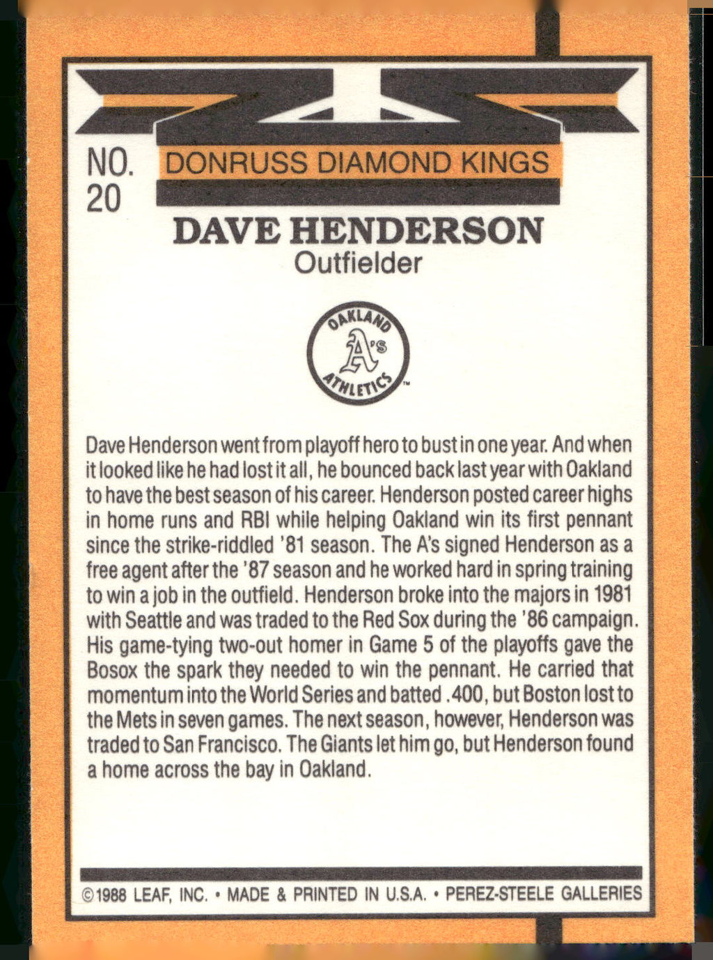 1989 Donruss #20 Dave Henderson
