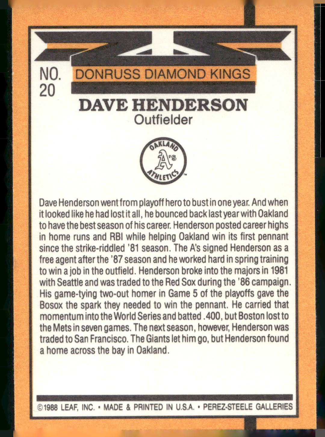 1989 Donruss #20 Dave Henderson