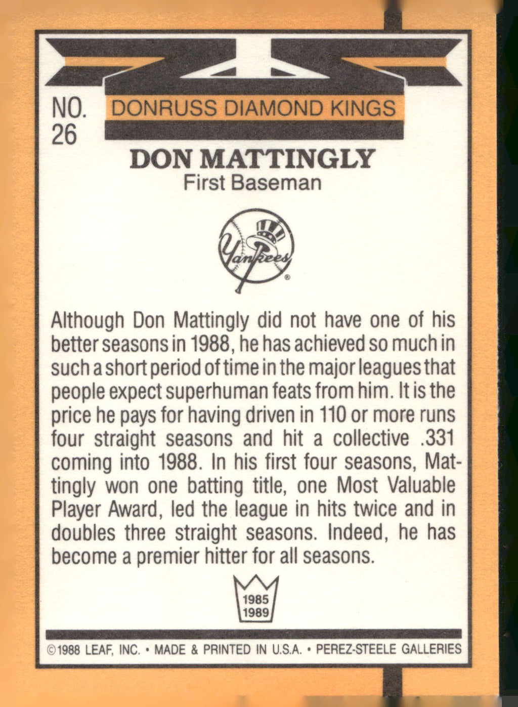 1989 Donruss #26 Don Mattingly