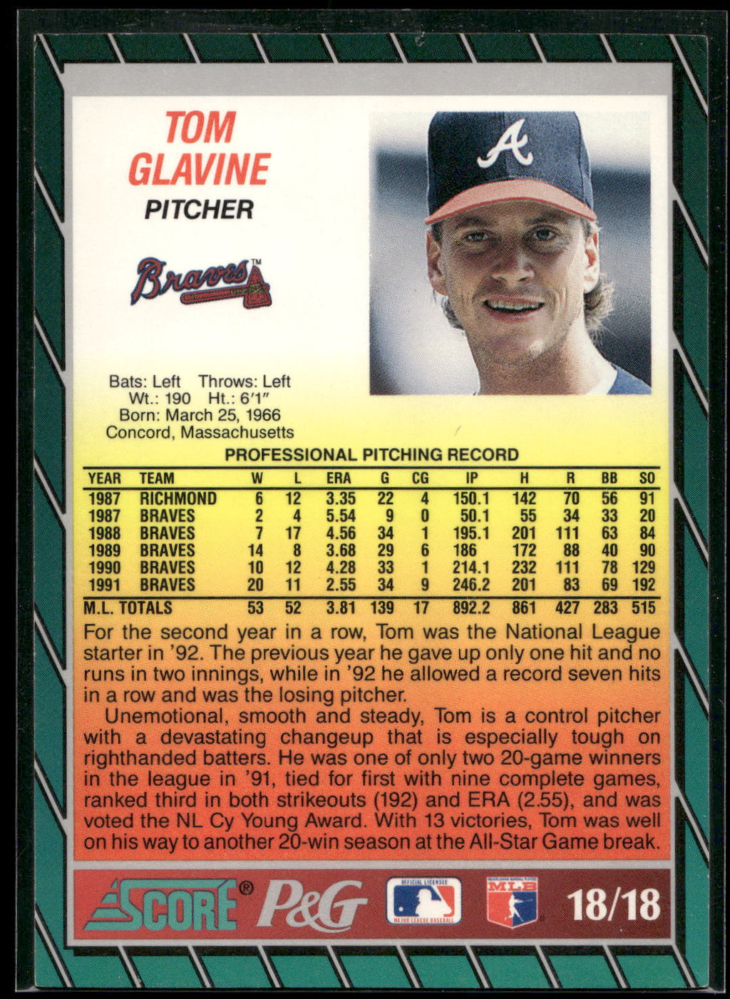 1992 Score Procter & Gamble #18 Tom Glavine