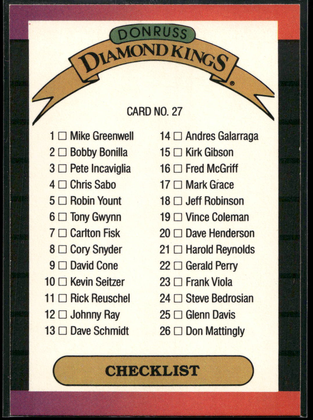 1989 Donruss #27 Diamond Kings Checklist: 1-26
