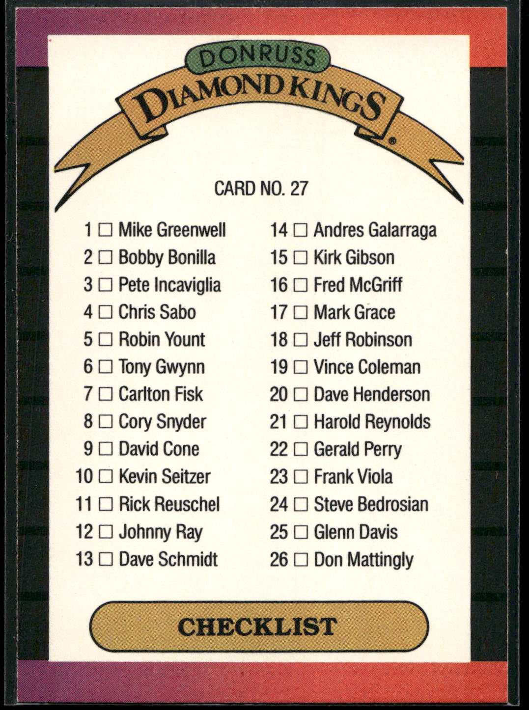 1989 Donruss #27 Diamond Kings Checklist: 1-26