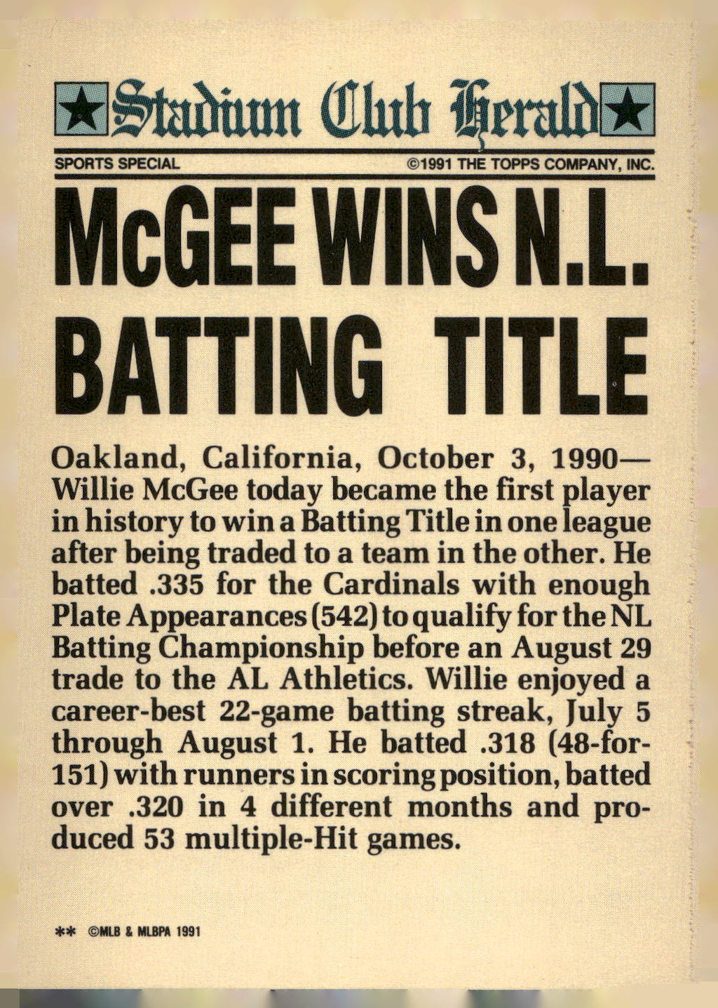 1991 Stadium Club Charter Member #NNO Willie McGee