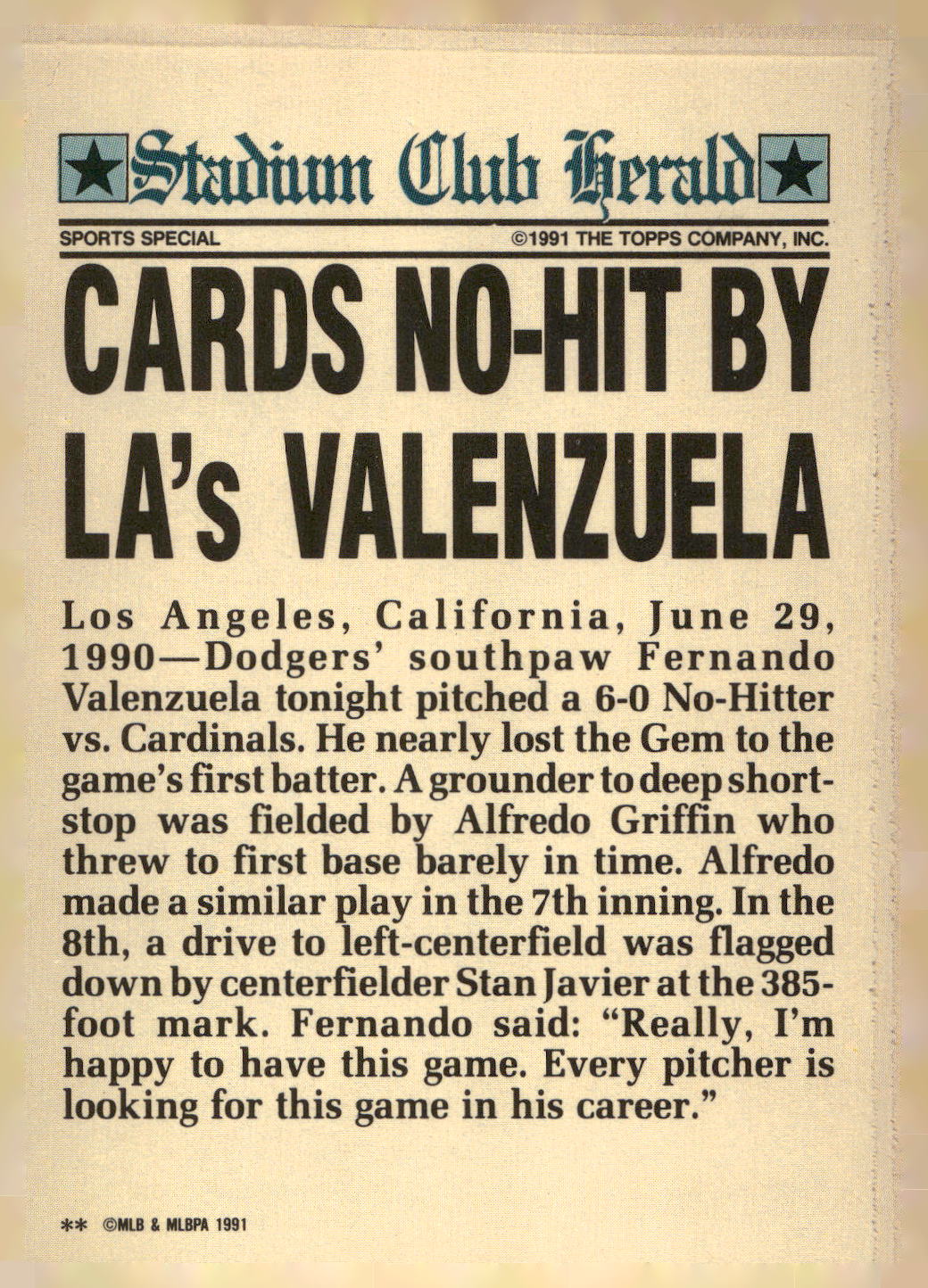 1991 Stadium Club Charter Member #NNO Fernando Valenzuela