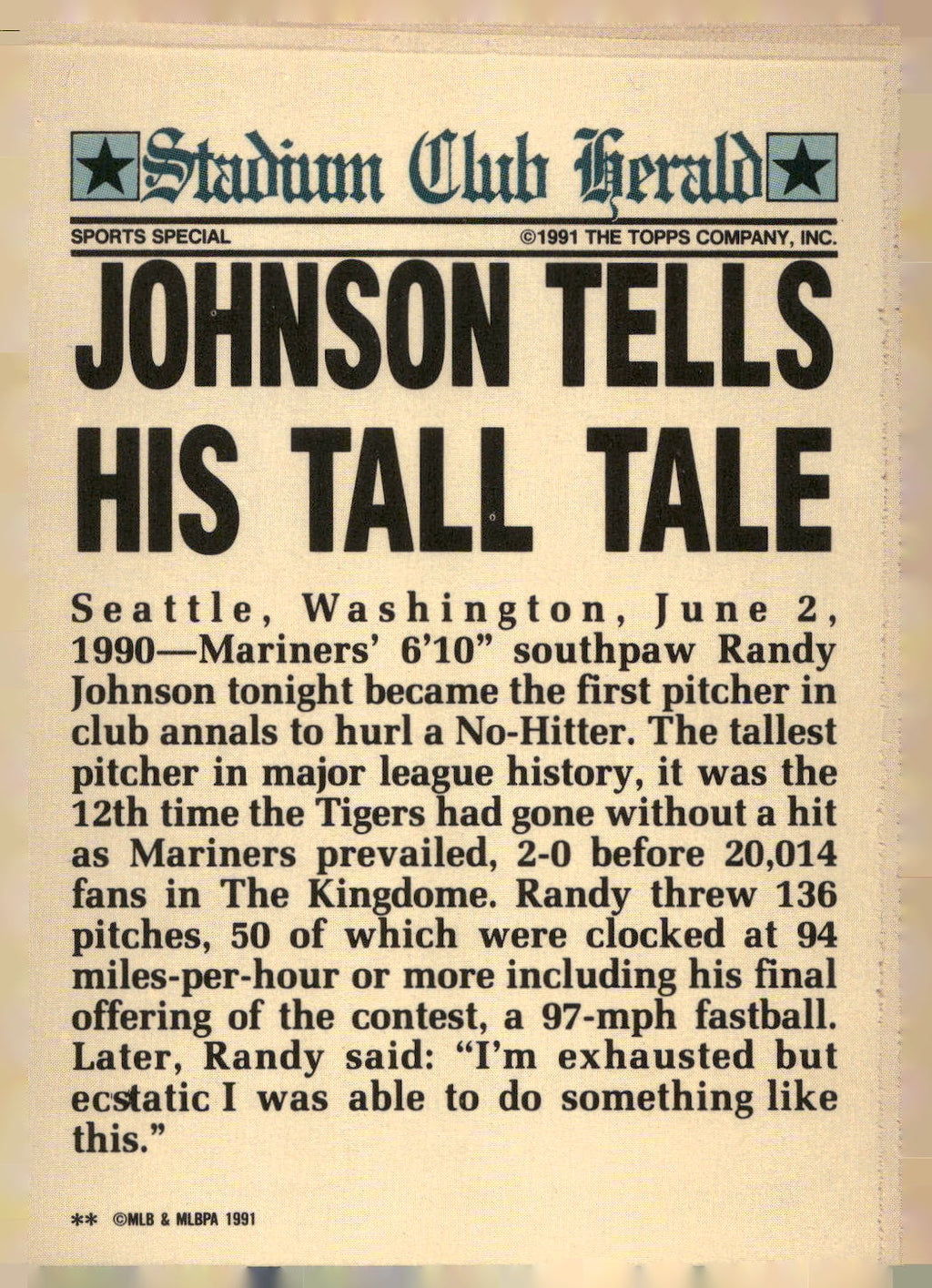 1991 Stadium Club Charter Member #NNO Randy Johnson