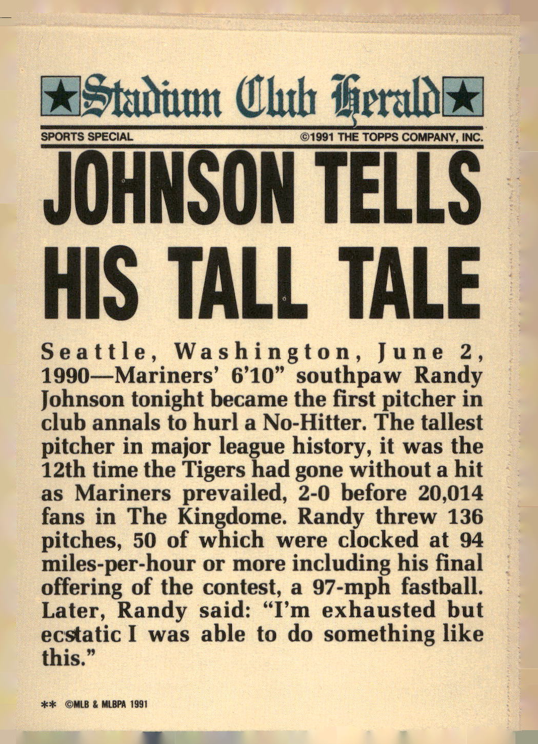 1991 Stadium Club Charter Member #NNO Randy Johnson