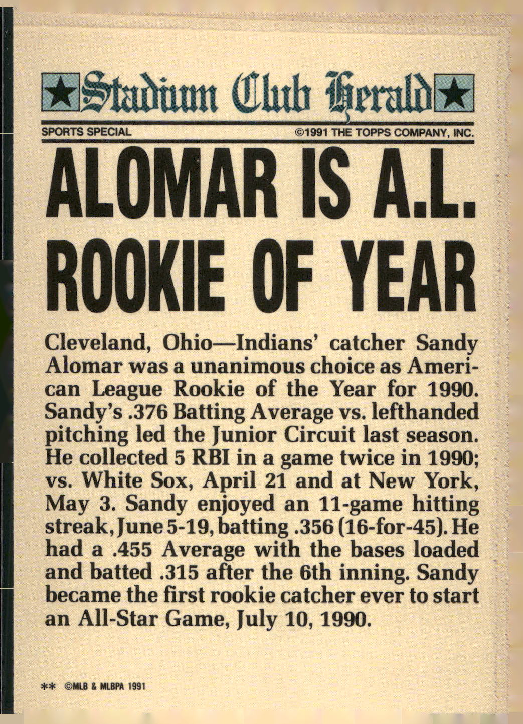 1991 Stadium Club Charter Member #NNO Sandy Alomar