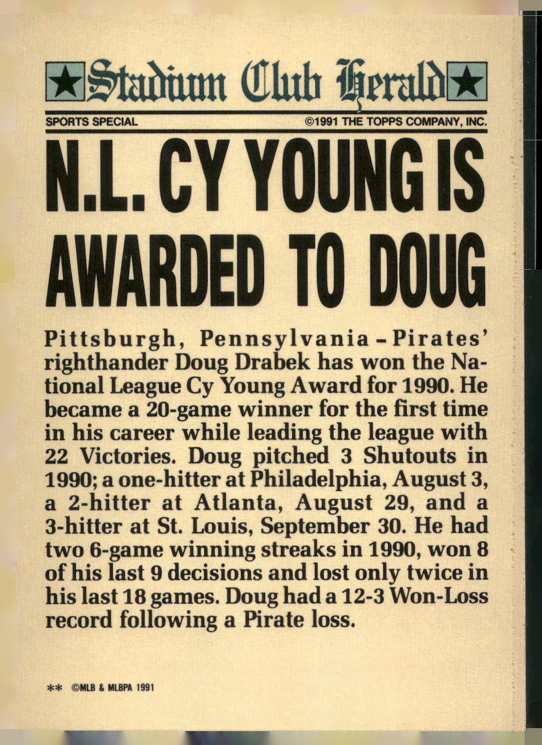 1991 Stadium Club Charter Member #NNO Doug Drabek