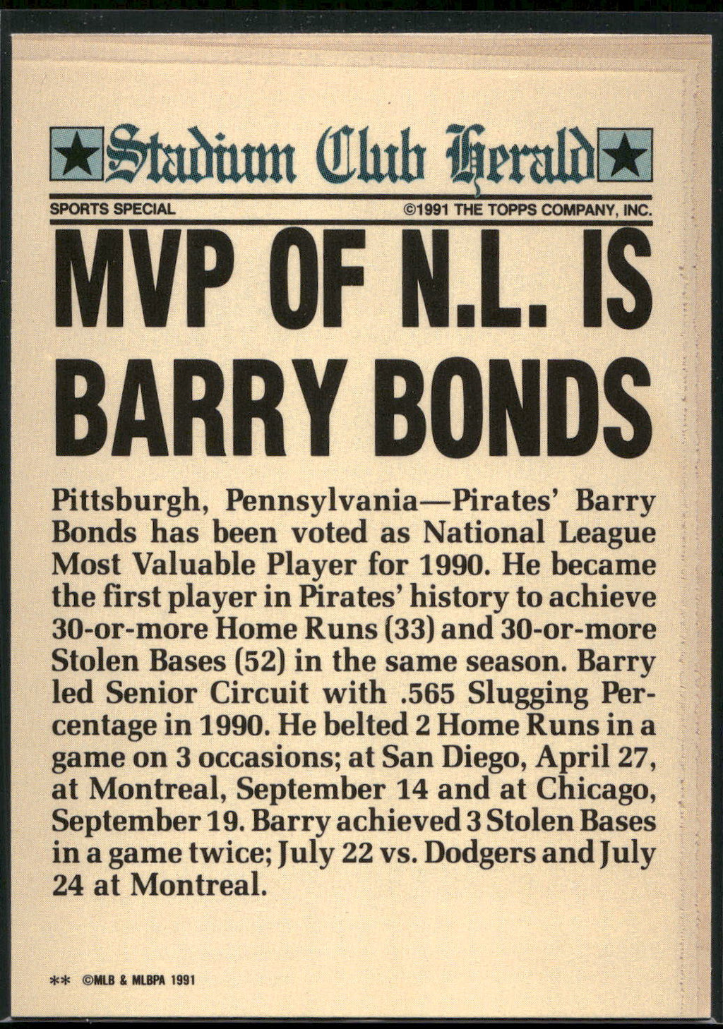 1991 Stadium Club Charter Member #NNO Barry Bonds