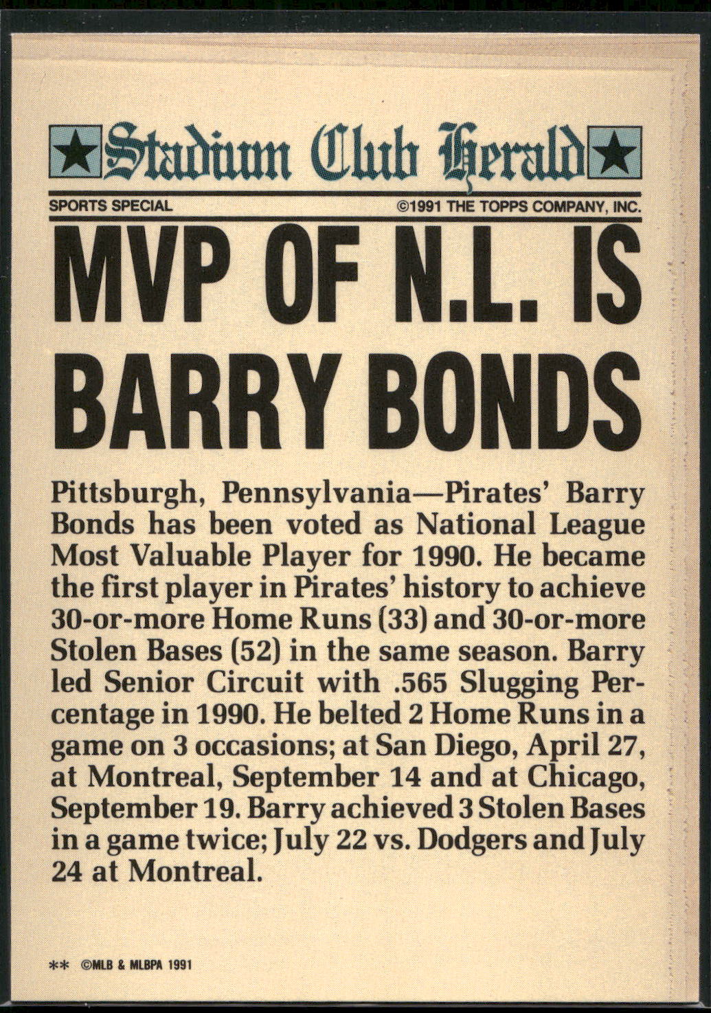 1991 Stadium Club Charter Member #NNO Barry Bonds