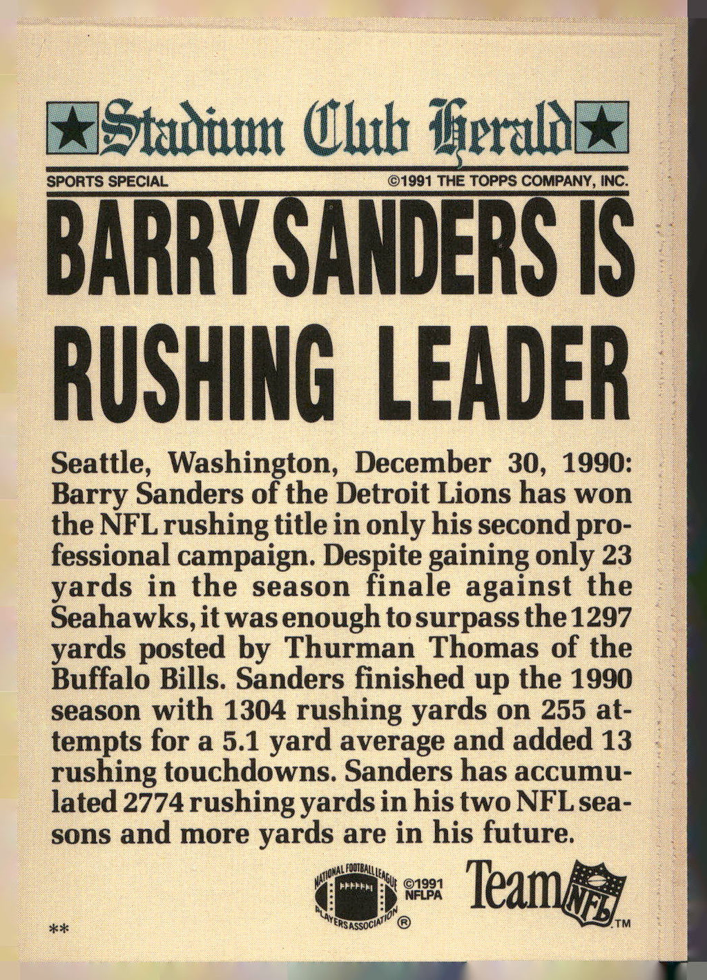 1991 Stadium Club Charter Member #NNO Barry Sanders