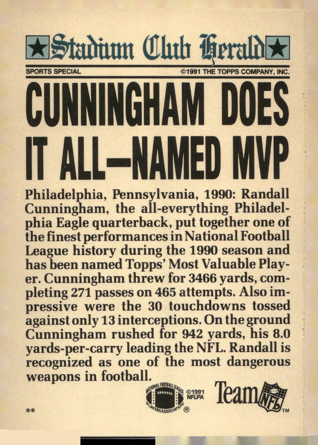 1991 Stadium Club Charter Member #NNO Randall Cunningham
