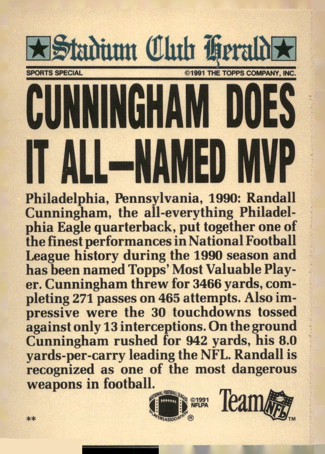 1991 Stadium Club Charter Member #NNO Randall Cunningham