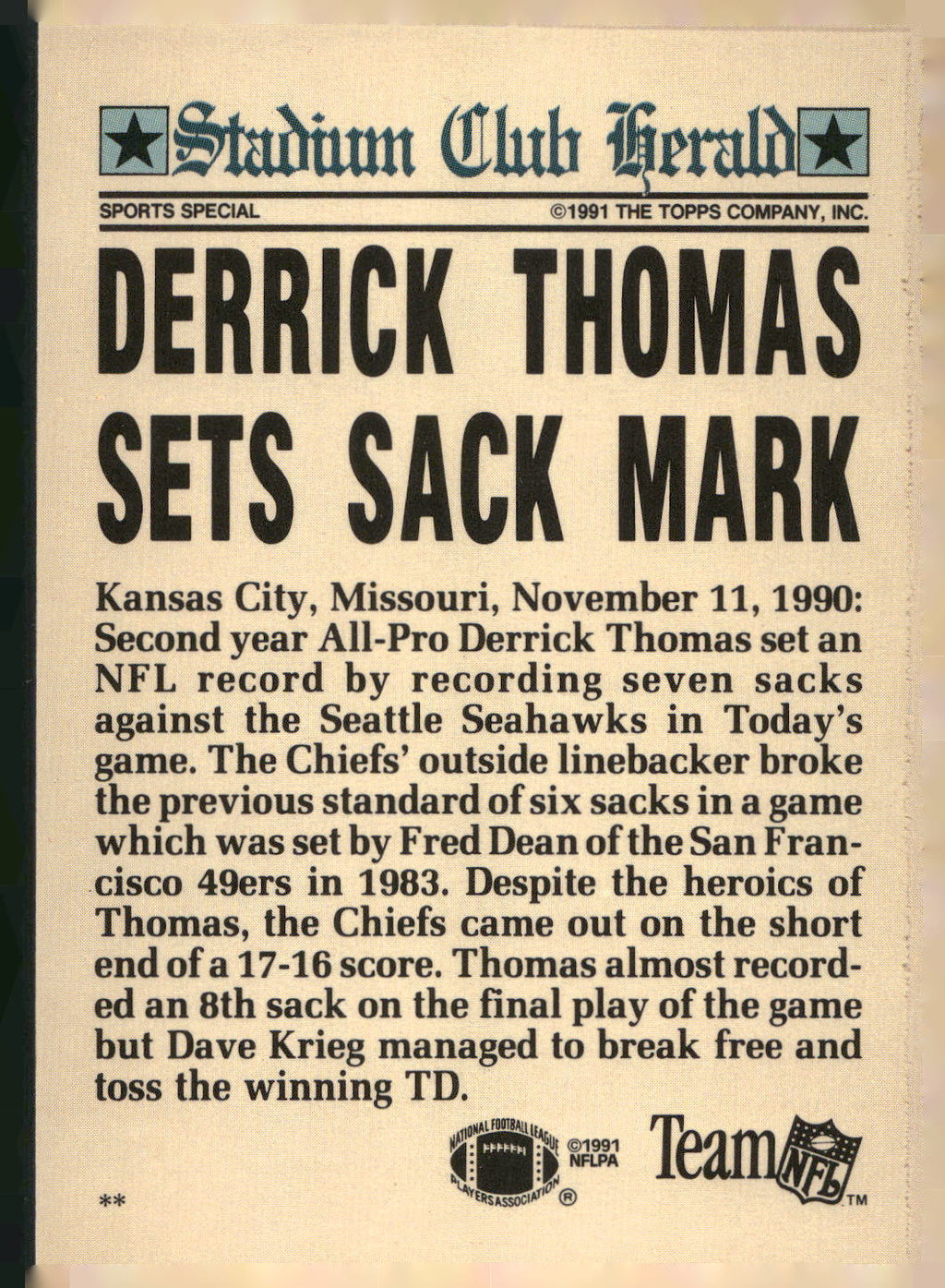 1991 Stadium Club Charter Member #NNO Derrick Thomas